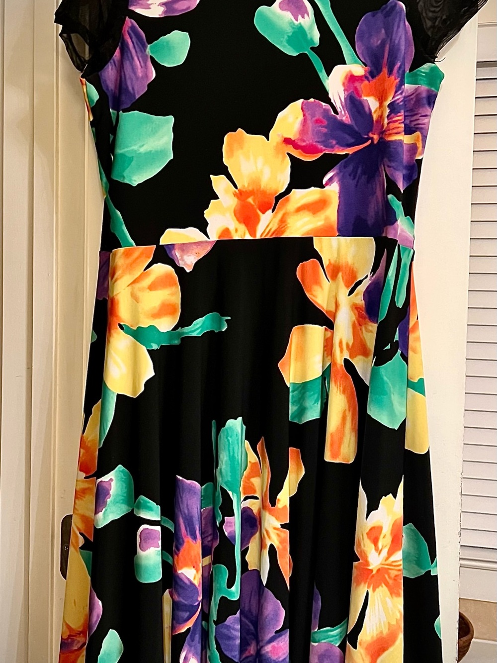 Ralph Lauren Black Floral Fit-and-Flare Dress with Yellow, Purple & Teal Accents
